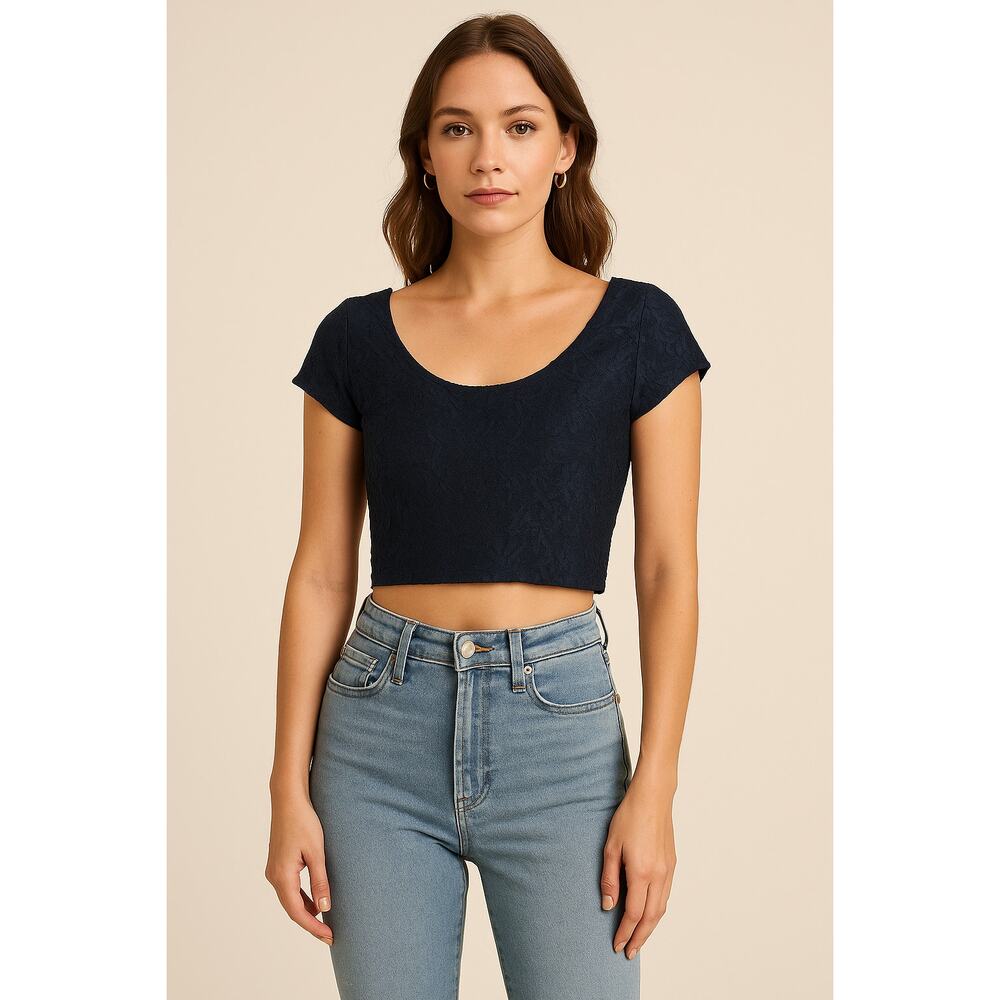 Abercrombie & Fitch Women Embroidery Floral Lace Cropped Blouse Top Blue Size S